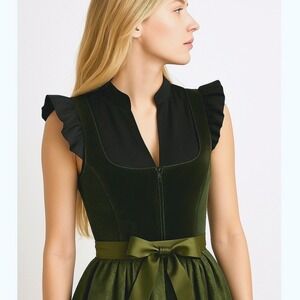 New XL Black Ruffle Sleeve Dirndl Undershirt Top Long High V‎ Neck Blouse